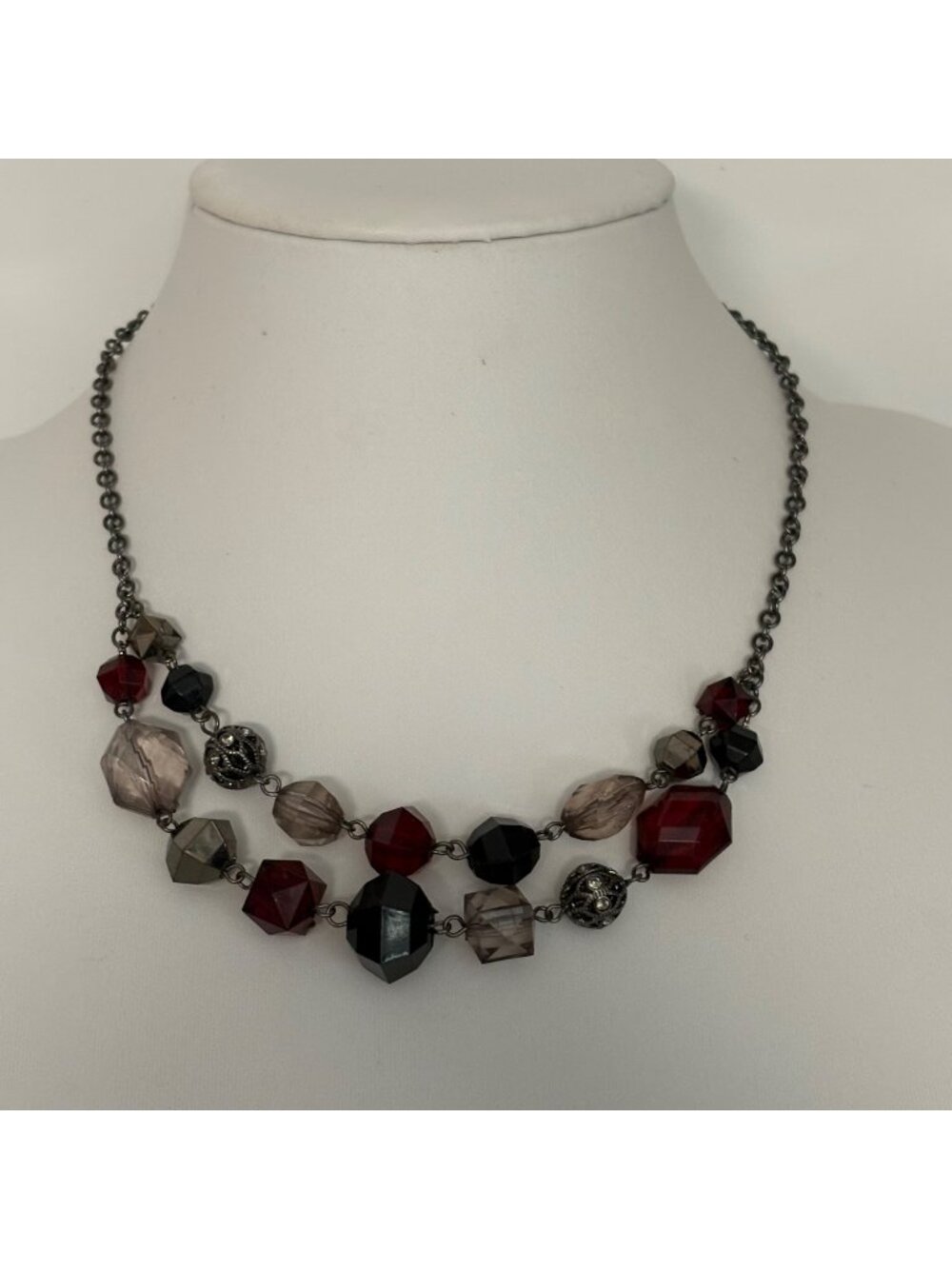 Gunmetal Chain Necklace Multi-Color Faceted Beads Red Black Smokey Jewelry